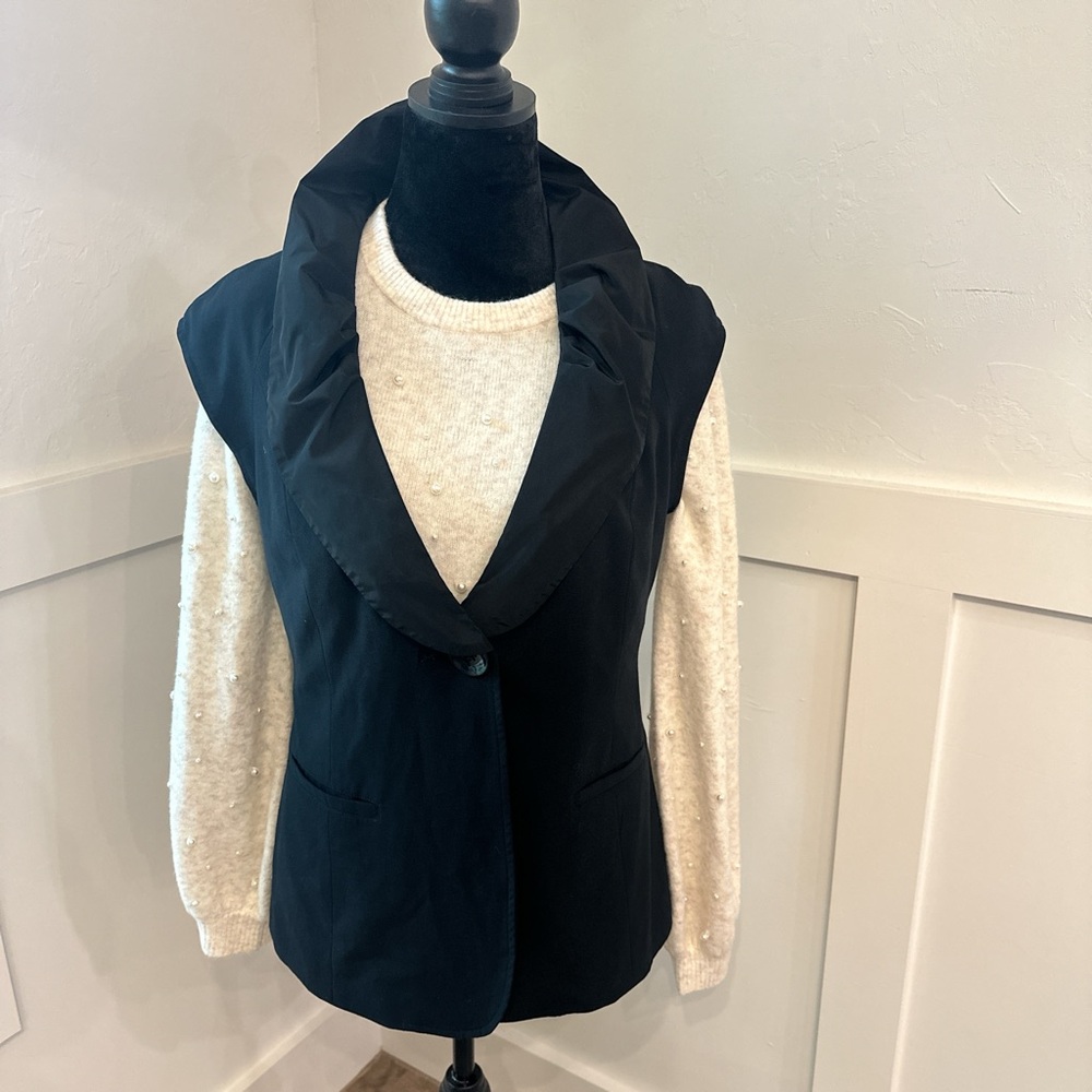 CAbi Black Vest with Cream Knit Sleeves